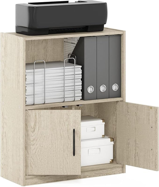 Furinno Gruen 2-Tier Open Shelf Bookcase with 2 Doors Storage Cabinet, Metropolitan Pine