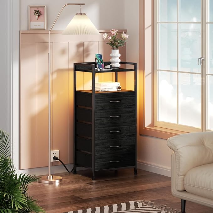 Furnulem Night Stand with Charging Station, Tall Black Dresser for Bedroom, Nightstand with Led Light, Bed Side Table for Living Room, Fabric Storage Drawer, Metal Frame, Wood Furniture