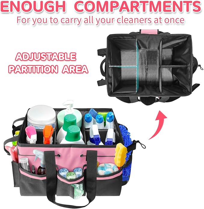Boczif Cleaning Caddy Bag Wearable, Cleaning Caddy Supplies Organizer with Handle, Shoulder Straps & Detachable Divide, Cleaning Tool Organizers Tote Bag for Cleaners & Housekeepers(Pink)-NeatNest