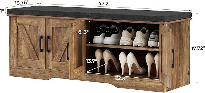 2-Tier Storage Bench, Shoe Bench with Padded Seat Cushion, Entryway Bench with 4 Barn Doors, Adjustable Shelf, 13.8" D x 47.2" W x 17.7" H, for Entryway, Living Room, Bedroom, Rustic Walnut-NeatNest