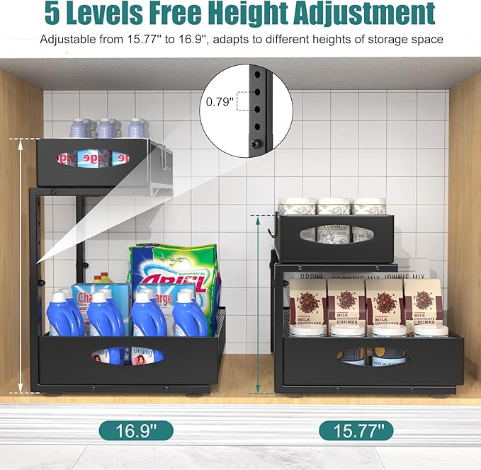 1 Pack Large Under Sink Organizer, 2 Tier Metal Pull Out Under Sink Storage with Sliding Mesh Drawers, Height Adjustable Slide Out Under Cabinet Organizer for Kitchen Bathroom, Black-NeatNest