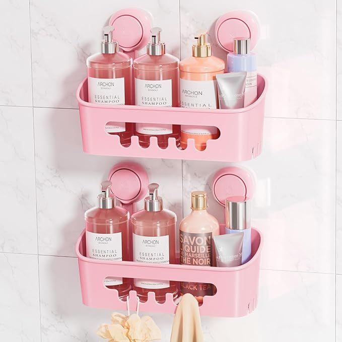 LEVERLOC Shower Caddy Suction Cup 2 Pack, Shower Organizer Removable Bathroom Shelf, Storage Suction Powerful Max Hold 22lbs Bathroom Caddy Waterproof Holder, Pink-NeatNest