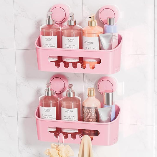 LEVERLOC Shower Caddy Suction Cup 2 Pack, Shower Organizer Removable Bathroom Shelf, Storage Suction Powerful Max Hold 22lbs Bathroom Caddy Waterproof Holder, Pink-NeatNest