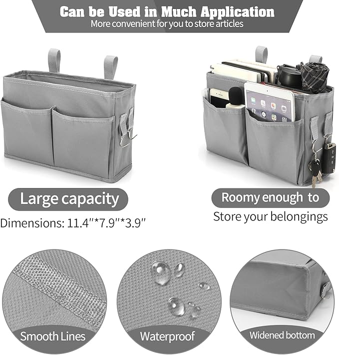 Bunk Bed Organizer, Bedside Caddy Hanging Bed Organizer Storage Bag with 4 Pockets and 2 Hooks, for College Dorm Rooms Bed, Hospital Bed, Baby Bed Rails, 600D Oxford Cloth (Gray)-NeatNest