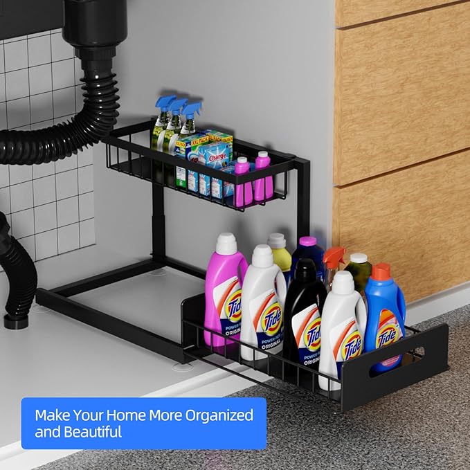 2-Tier Under Sink Slide Out Organizer, Pull Out Cabinet Storage Shelf with Sliding Wire Basket Drawer for Bathroom Kitchen, Countertop or Pantry Shelf, Black-NeatNest