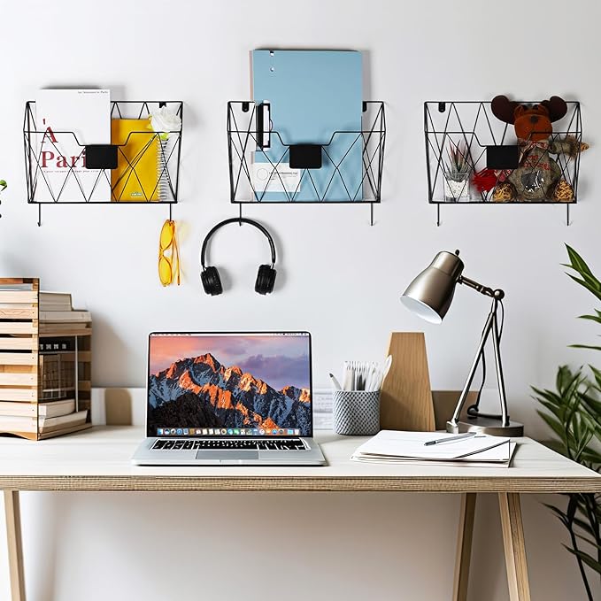 Hanging File Holder Wall File Organizer Holder, 6 Pockets Wall Mount Vertical Magazine Rack with Hooks for Office Home, Black