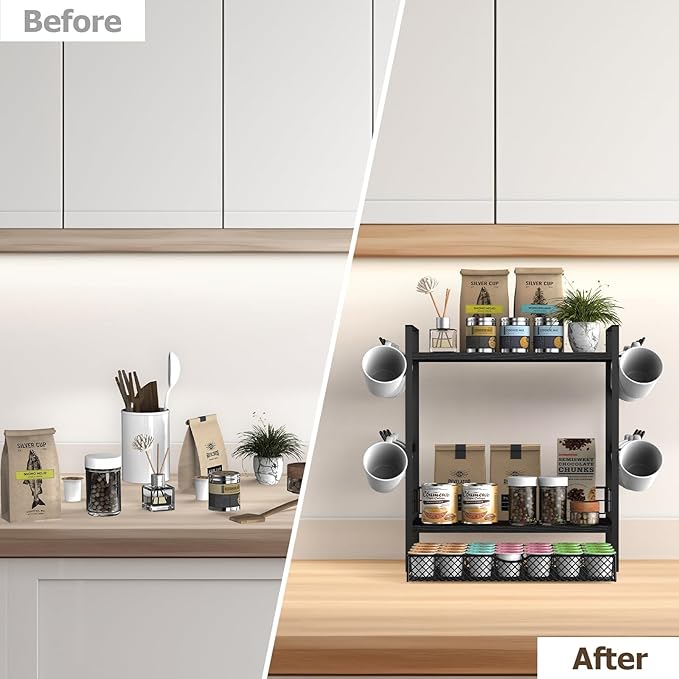 Coffee Bar Organizer, 3 Tier Station for Countertop, Mug Cup Holder Stand With 28 K Cup Storage and 12 Hooks for Kitchen, Home & Office, Black-NeatNest