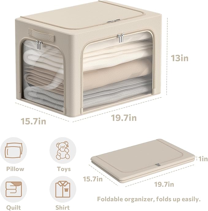 3Pack Clothes Storage Bins - Oxford Frame Storage Box Foldable Stackable Storage Organizer with 3 Openings Design, Metal Frame, Clear Window, Carry Handles (66L-19.7 * 15.7 * 13, Beige)-NeatNest