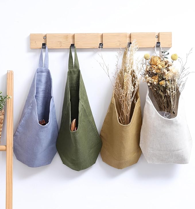 100% Linen Hanging Storage Bags Baskets 2 Pcs, Small Wall Storage Bag for Kitchen, Bedroom, RV Camper Organizer, Sewing Room, Nursery Storage, Kids Room, Linen
