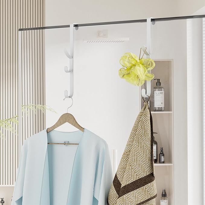 Over the Door Hooks hanger,over the door towel hook Organizer hanging for coat clothes backpack hat purse Metal Towel Rack Back of Shower for Bathroom,Dorm,Bedroom,Kitchen,Office Closet (White-2Packs)