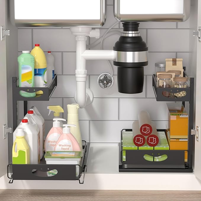 Under Sink Organizer with Pull-Out Drawers,Kitchen Sink Organizer,2 Tier Bathroom Organizers And Storage,Bathroom Accessories Set,Black 2 Pack-NeatNest