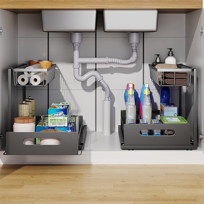 2 Pack Under Sink Organizer, 2 Tier Under Sink Organizers and Storage Multi-Purpose Under Sink Storage for Bathroom Kitchen (Black)-NeatNest