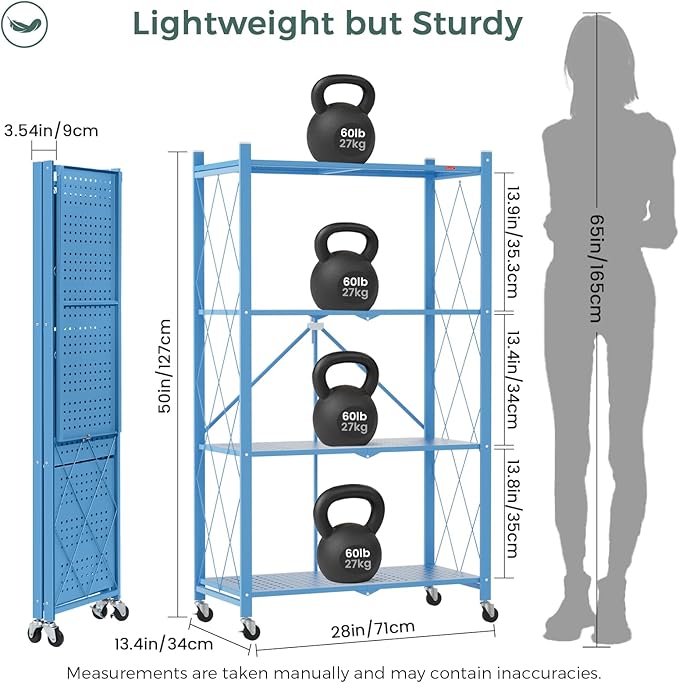 DEANIC 4 Tier Foldable Storage Shelves with Wheels, Large Capacity Shelving Unit, Freestanding Metal Wire Shelf Rack, No Assembly Organizer Rack for Garage Kitchen, Basement(Blue)-NeatNest