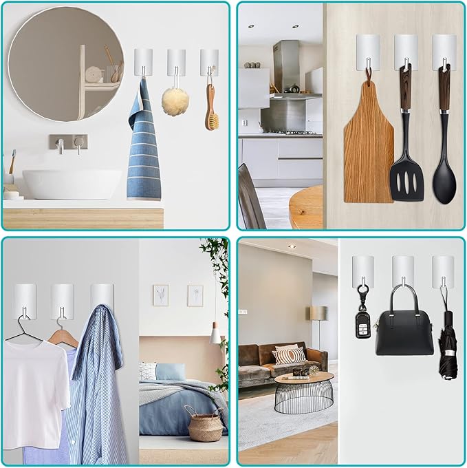Heavy Duty Stainless Steel Self Adhesive Wall Hooks, Sticky Towel Hangers for Kitchen Bathroom Office, Waterproof Stick on Door Hooks for Hanging Robe Key Hat Coat 4Packs