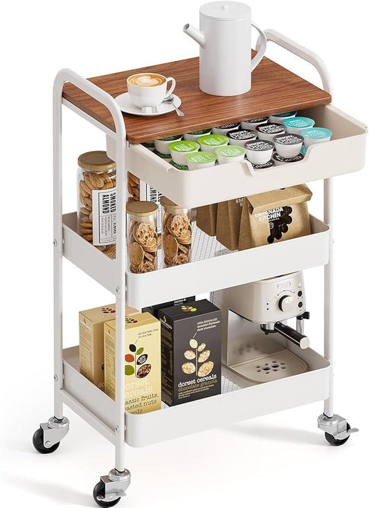 TOOLF 3-Tier Metal Utility Rolling Cart with Drawer & Wooden Table Top, Storage Cart White Trolley Kitchen Organizer Rolling Desk with Locking Wheels for Office, Classroom, Dorm, Bedroom-NeatNest