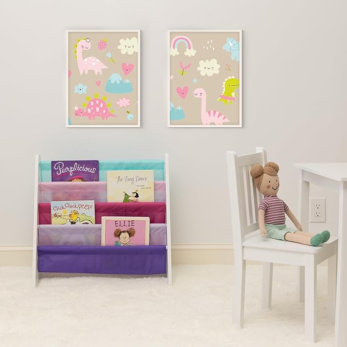 Humble Crew, White/Pink/Purple/Blue Kids Book Rack Storage Bookshelf, 4 Tiers, 25" W x 11" D x 24" H