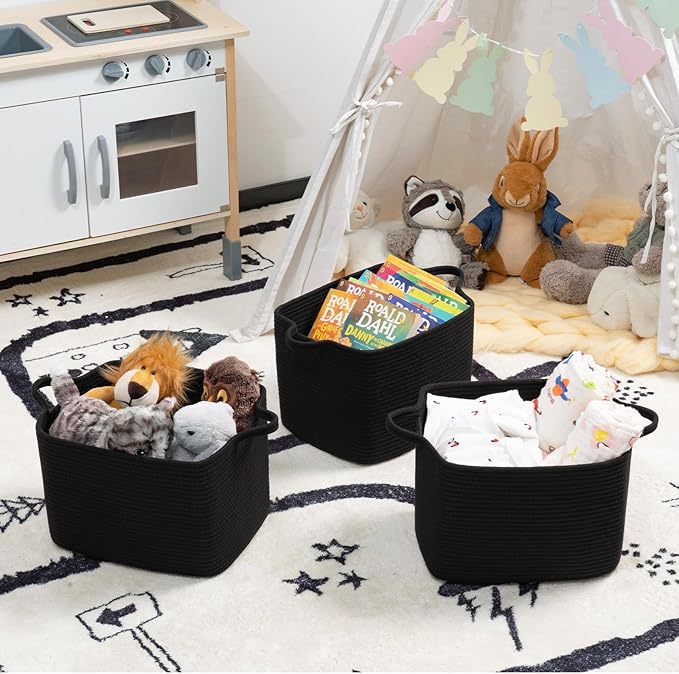 INDRESSME Woven Storage Basket, Black Baskets for Gifts, Nursery Toy Basket, Rope Baskets for Organizing, Shelf Storage, Multi-Purpose Organizer for Shoes, Clothes, Towels, Laundry 13 x 10 x 9 Inches
