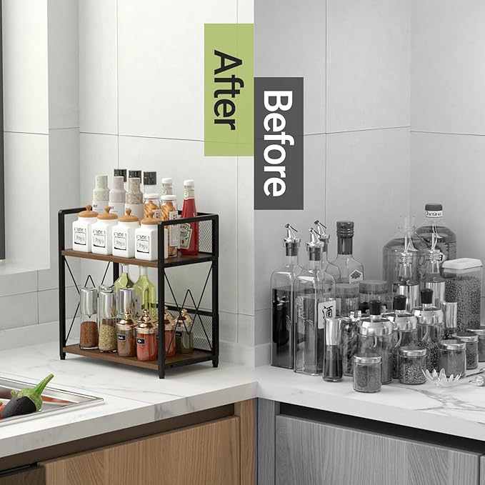 Aduanbang Coffee Bar Accessories Organizer, Seasoning Organizer, 2 Tier Wooden Kitchen Counter Shelf, Coffee Organizer Station for Countertop, Coffee Condiment Rack for Mugs, Cups, Cream, Syrup-NeatNest