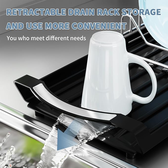 Expandable Dish Drying Rack for Sink or Countertop – Compact Stainless Steel Dish Drainer with Removable Utensil Holder, Rustproof Plate Rack for Small Kitchen Spaces, Black