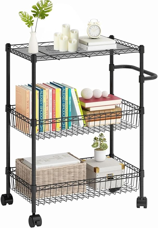 3 Tier Rolling Storage Cart with Adjustable Wire Shelving, 360-Degree Rotating Wheels with Brakes, Sturdy Carbon Steel Build, Versatile for Kitchen, Bathroom, and Office