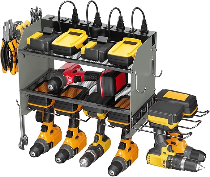 CCCEI Modular Power Tool Organizer Wall Mount Charging Station, Grey 6 Drills Holder with 8 Plug Power Strip 10FT, Garage Drill Battery Heavy Duty Metal Shelf, Utility Rack with Hooks, Side Storage.-NeatNest