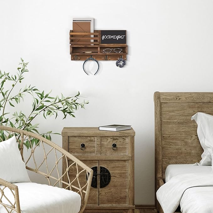 Key Holder for Wall, Wall Mounted Mail Holder Wooden with Shelf & 3 Liquid Chalks & Chalkboard, Mail Sorter Organizer, Rustic Home Decor (15.98”W x 9.1”H x 3.3”D), Burnt Brown