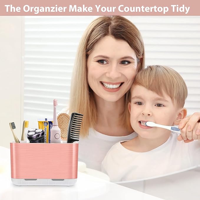 Boperzi Toothbrush Holders for Bathrooms Countertop, Electric Tooth Brush Holder with Adjustable Dividers, Detachable Anti-Slip Large Toothpaste Caddy Organizer Storage for Shower, Family, Kids, Pink-NeatNest