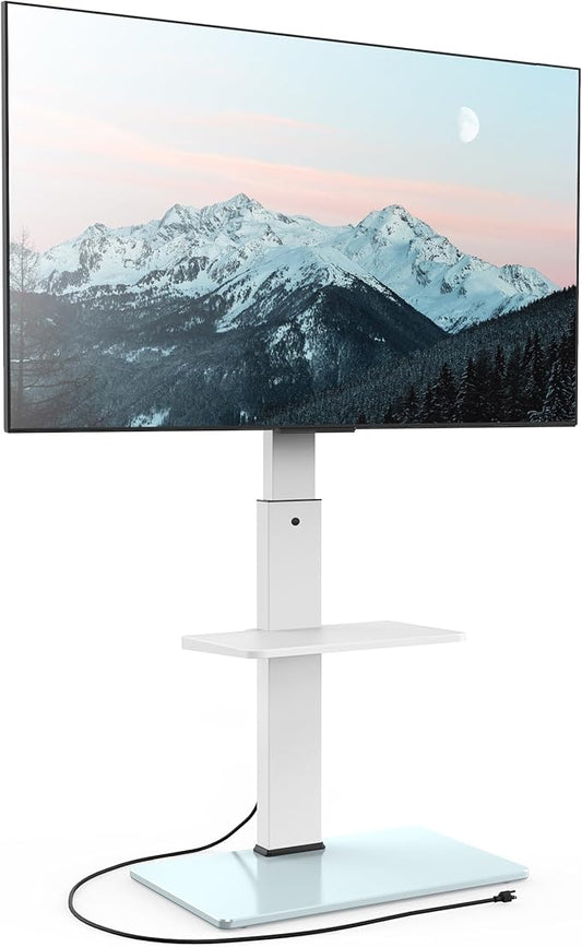 FITUEYES Floor TV Stand for 32-75 inch TV with Power Outlet, Tall TV Stand for Bedroom Living Room with Tempered Glass Base, Floor TV Mount Holds Up to 88lbs MAX VESA 600x400mm,White-NeatNest