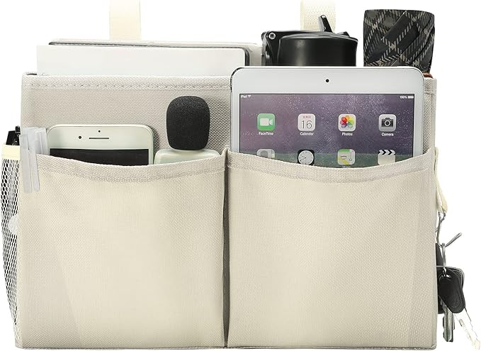 Bunk Bed Organizer, Bedside Caddy Hanging Bed Organizer Storage Bag with 4 Pockets and 2 Hooks, for College Dorm Rooms Bed, Hospital Bed, Baby Bed Rails, 600D Oxford Cloth (Beige)-NeatNest