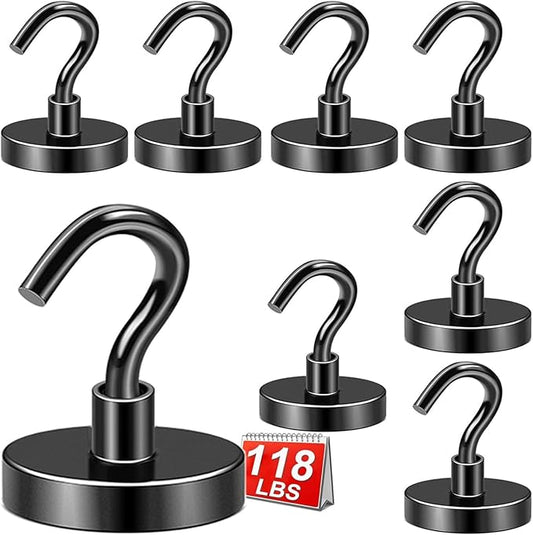 DIYMAG Black Magnetic Hooks, 118 LB Heavy Duty Strong Magnets with Hooks, Strong Rare Earth Neodymium Magnet Magnetic Hooks for Cruise Cabins Cruise Ship Essentials 8 Packs-NeatNest