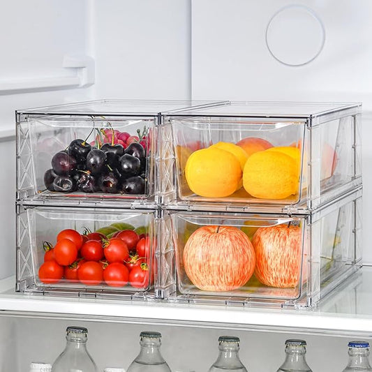 4Pack Clear Stackable Kitchen Storage Organizer,Pantry Organizers and Storage,Foods Organizer Bins with Handles, Easily Assemble for Bathroom, Kitchen, Refrigerator, Pantry, Cabinet, Closet-NeatNest