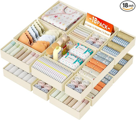 DIMJ Drawer Organizer Clothes Storage - 18 Pack Baby Dresser Organizer for Nursery, Foldable Closet Drawer Organizer Bins for Bedroom Organization, Fabric Storage Dividers for Socks, Underwears, Bras-NeatNest