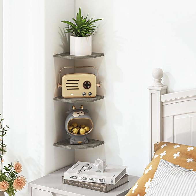 Corner Shelf Wall Mount, Floating Corner Shelves, Set of 3 Corner Wall Shelf Organizer, Rustic Wood Wall Storage Display Shelves for Living Room Bedroom Bathroom Kitchen, Rustic Grey-NeatNest