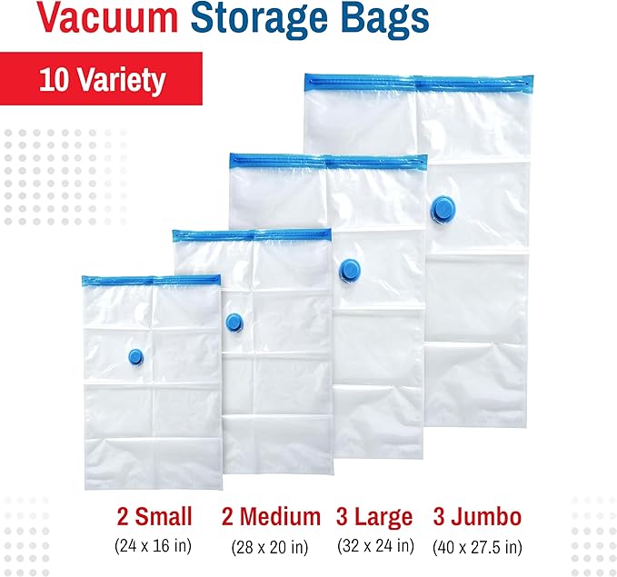 10-Pack Variety Vacuum Storage Bags for Comforters, Blankets & Clothes – Vacuum Sealed Compression Bags with Hand Pump – Space Saver Storage Bags for Bedding,Travel & Organization (2S, 2M, 3L & 3XL)-NeatNest