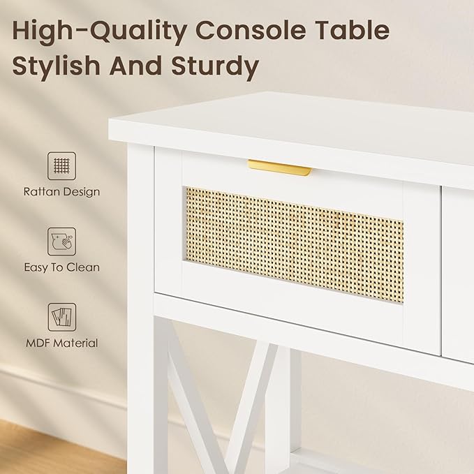 Console Table with 3 Rattan Drawers, Wooden Entryway Table with 3-Tier Storage Shelves, Display Shelf for Entryway, Hallway, Foyer and Living Room, White-NeatNest