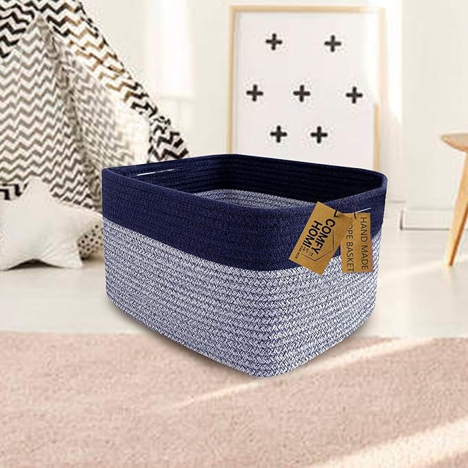COMFY-HOMI Rectangular Cotton Rope Basket With Handles for Shelves|Dog Toy|Baby Gift - Dark Blue (13.5" x 11" x 9.5")-NeatNest