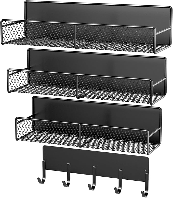 4 Pack Magnetic Shelves for Washing Machine, Heavy-Duty Magnetic Laundry Organizer with Hooks, Washing Machine Shelf for Refrigerator, Metal Storage Baskets, Closet & Laundry Room Organization(Black)