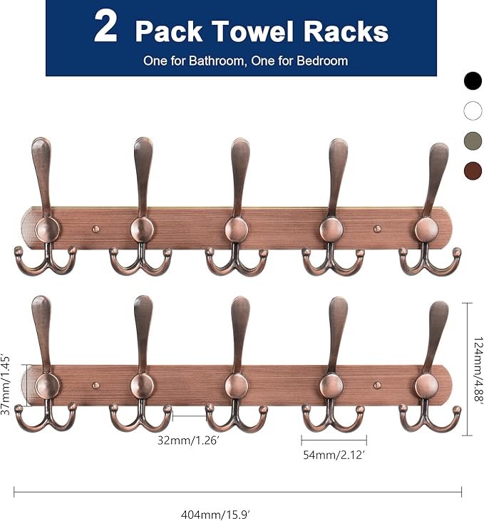NearMoon Coat Rack Wall Mounted-2 Pack, Heavy Duty Bath Towel Hooks Stainless Steel Robe Hooks Holder, Metal Coat Hook for Towel Coat Hat Key Bathroom Bedroom Hotel Entryway (5 Hooks, Antique Copper)