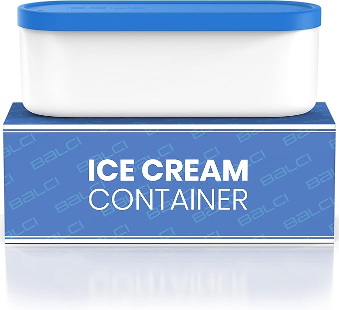 BALCI - Ice Cream Container - 2 Quart - Perfect Reusable Freezer Storage for Homemade Ice Cream Tubs for Sorbet, Frozen Yogurt and Gelato! - Flexible Silicone Lids, Long Scoop, Stackable - Blue