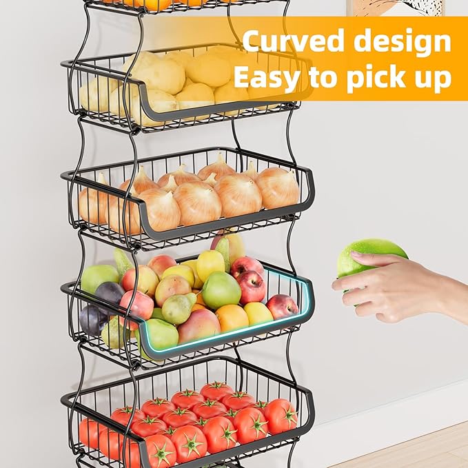 Simple Trending 6 Tier Rolling Cart, Stackable Fruit Vegetable Basket with Wheels and 2 Hanging Basket, Kitchen Storage Metal Wire Basket Stand for Vegetable Bread Snacks, Black