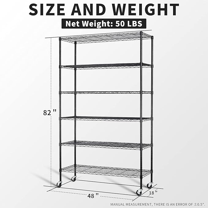 6-Tier Storage Shelf, Wire Shelving on Casters, NSF Height Adjustable Heavy Duty Metal Rack with Wheels for Office Bathroom Kitchen Garage Organization 2100 LBS Capacity-48 L×18" W×82" H-Black-NeatNest