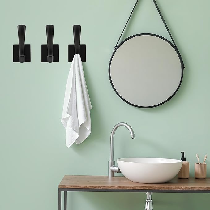 3 Pack Black Towel Hooks, Towels Robe Holder for Bathroom Coat Hooks for Wall Hanging Key Hat Backpack (3 Pack, Black)