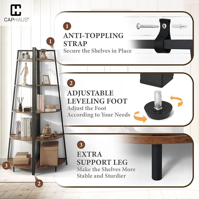 CAPHAUS Tall Corner Shelf Stand, 5-Tier Display Shelves, Ladder Corner Wood Storage Plant Bookshelf with Metal Frame, Versatile Shelving Unit Bookcase for Home Office Space, Rustic Oak-NeatNest