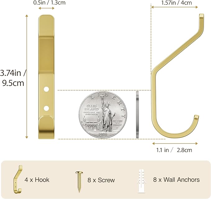 Coat Hooks Wall Mount for Hanging: 20LB Sturdy Hanger for Backpack, Towel, Bag, for Closet, Bathroom, Door, Mushroom, Stainless Gold 4 Pack, 3.75"-NeatNest