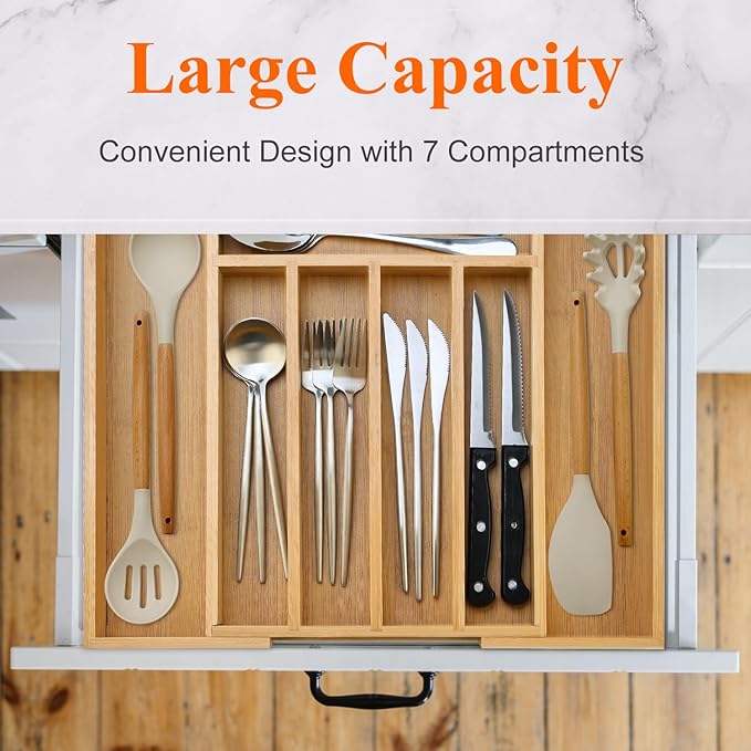 Expandable Large Kitchen Utensil Organizers Bamboo Silverware Drawer Organizer Tray Adjustable Flatware Organizer Fork Spoon Wood Cutlery Tray Cooking Utensils Holder Drawer Divider Silverware Trays-NeatNest