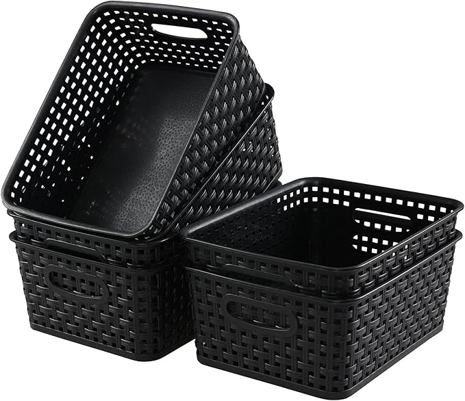 Anbers Plastic Weave Storage Baskets Bins, 6 Packs Small Storage Basket, Black-NeatNest