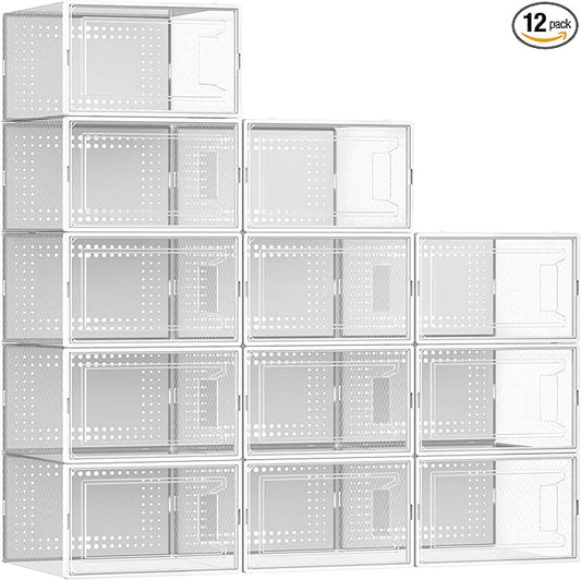 12 Pack XX Large Shoe Organizer Storage Boxes for Closet, Modular Space Saving Shoe Boxes Clear Plastic Stackable Sneaker Containers Display Case with Lids, Pearl White-NeatNest
