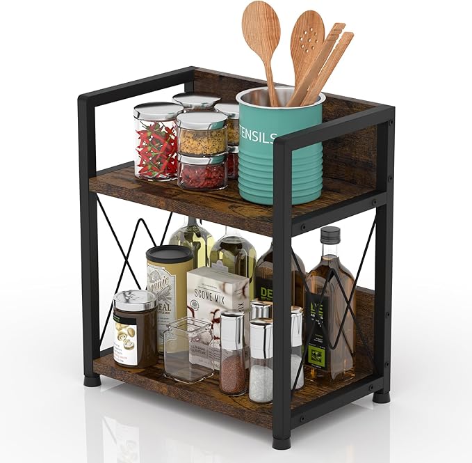 Aduanbang Coffee Bar Accessories Organizer, 2 Tier Wooden Kitchen Counter Shelf, Coffee Organizer Station for Countertop, Condiment Rack for Mugs, Cups, Cream, Syrup-NeatNest