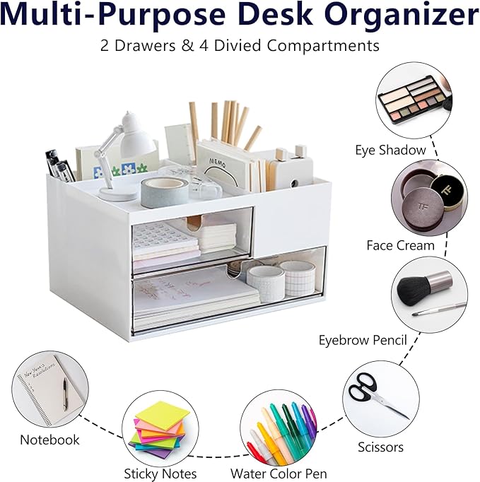 Desk Drawer Organizer, Desk Storage Box with 2 Drawers and 4 Compartments, Multifunctional Desk Accessories & Countertop Organizers for Office School Home (White-NeatNest
