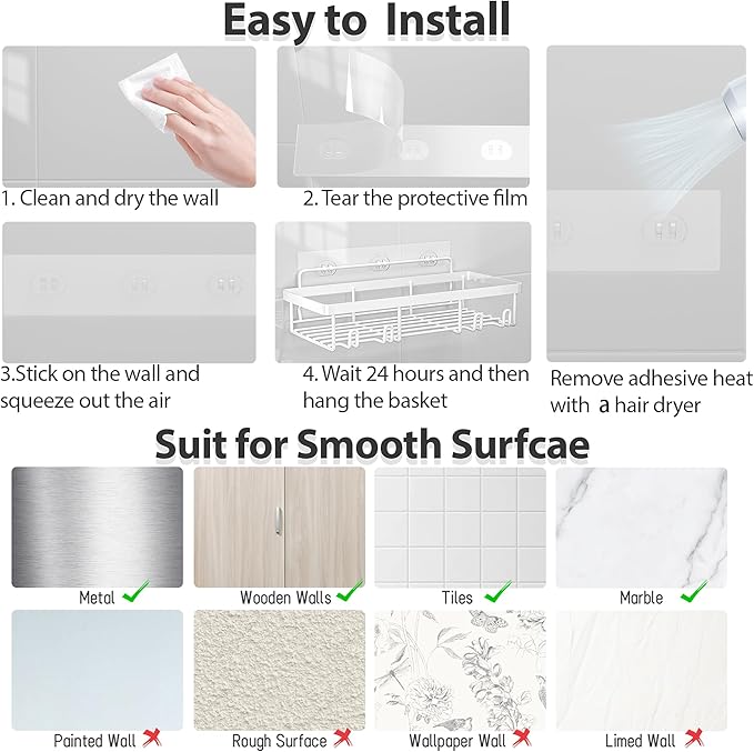 10 Pack Shower Caddy Organizer Rack Shelf for Inside Shower, Self Adhesive Wall Storage Basket Rustproof Stainless Steel Shampoo Holder Bathroom Accessory Decor Set, White-NeatNest